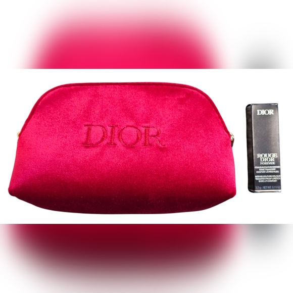 Dior Handbags - Christian Dior Red Velvet Pouch with Logo and Rouge Dior Lipstick #558. New!